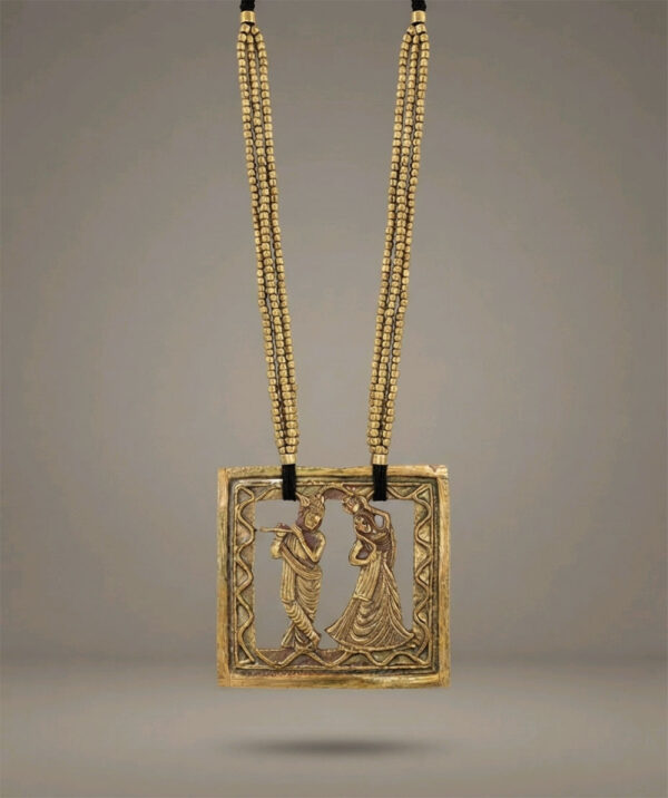 Brass Bronze Golden Beads with Beautiful Radhe Krishna Dhokra Locket Necklace
