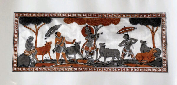 Krishna Gostha Bahuda Pattachitra Painting of Odisha on Tussar Silk Cloth