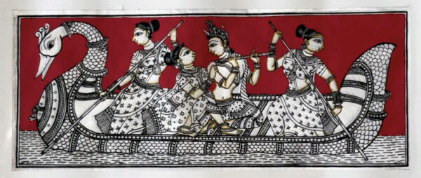 Lord Radha Krishna Naukavihar with Sakhi Pattachitra Painting on Tussar Silk Cloth