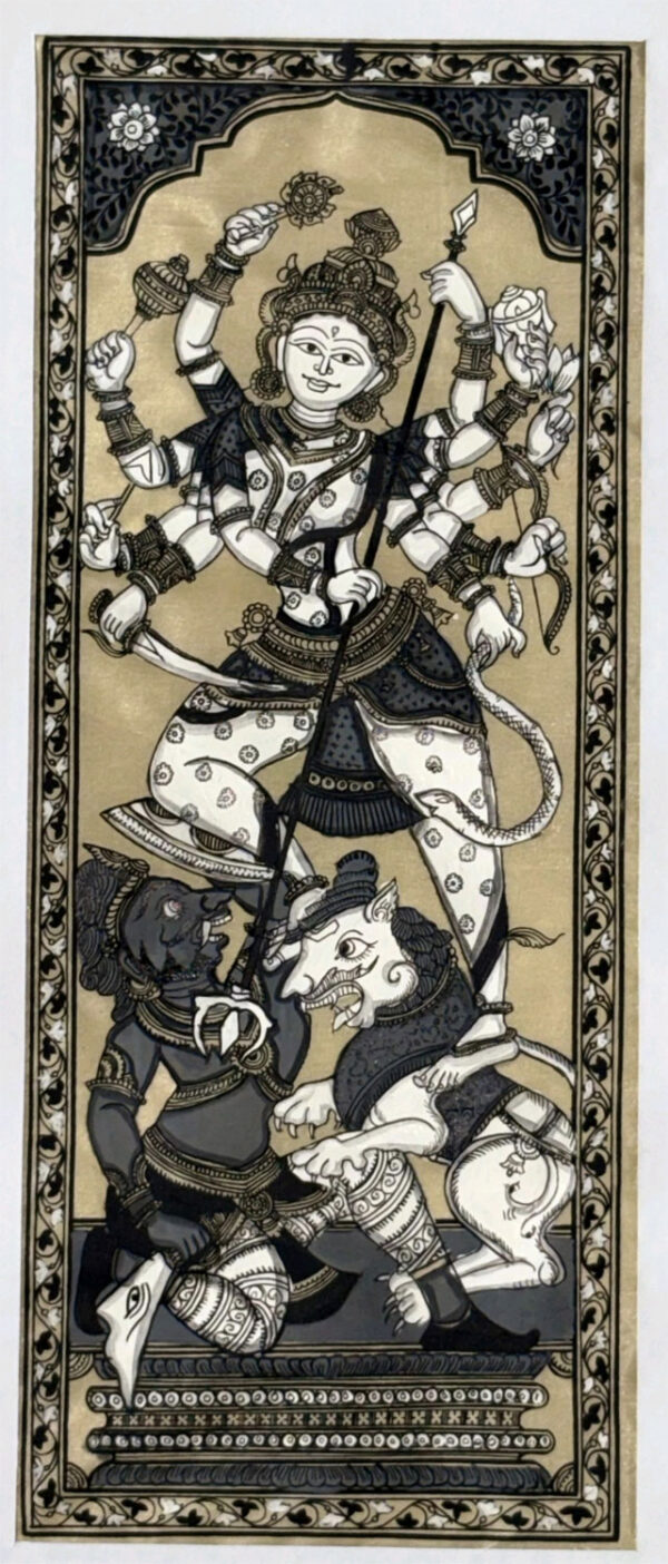 Pattachitra Painting of Goddess Durga as Mahishasura Mardini on Tussar Silk Cloth