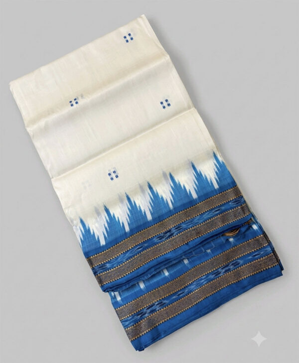 White Blue Butti Design Odisha Ikat Pure Khandua Silk Saree